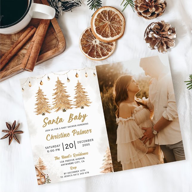 Santa Baby Gold Tree Christmas Baby Shower Photo Invitation (Creator Uploaded)