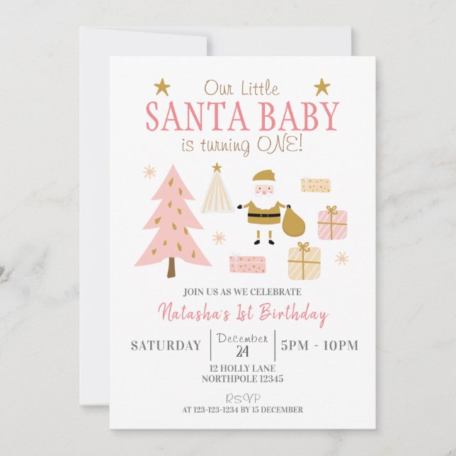 Santa Baby is Turning ONE, Girl Birthday Party Invitation (Front)
