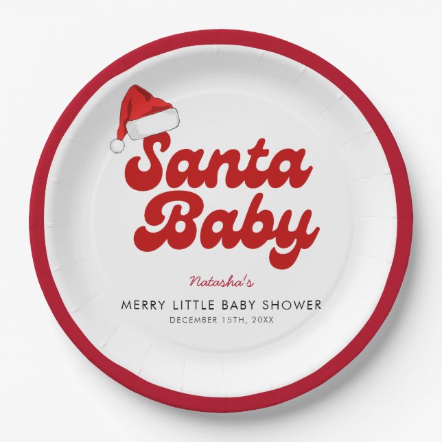 Santa Baby Merry Little Christmas Baby Shower  Paper Plate (Front)