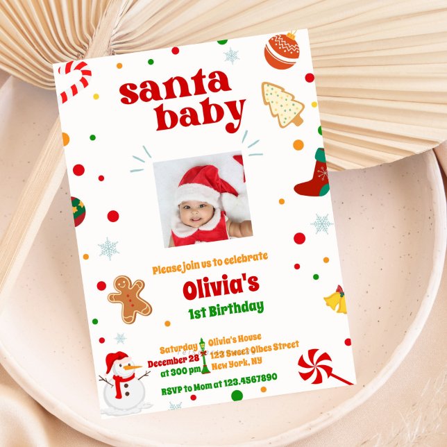Santa Baby Photo Christmas 1st Birthday Invitation (Christmas Photo Invitation, Santa Baby, Christmas Birthday Invite, Cute Christmas Invite, Holiday Th)