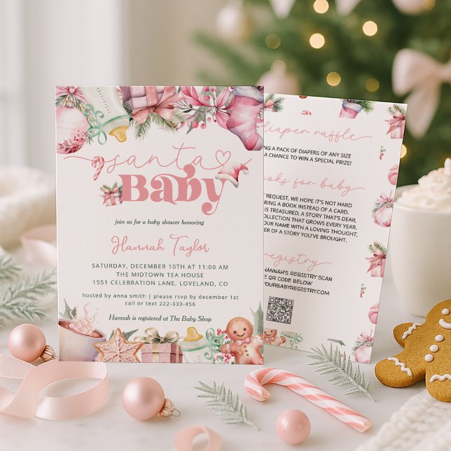 Santa Baby Pink Girl Christmas Baby Shower Invitation (Creator Uploaded)