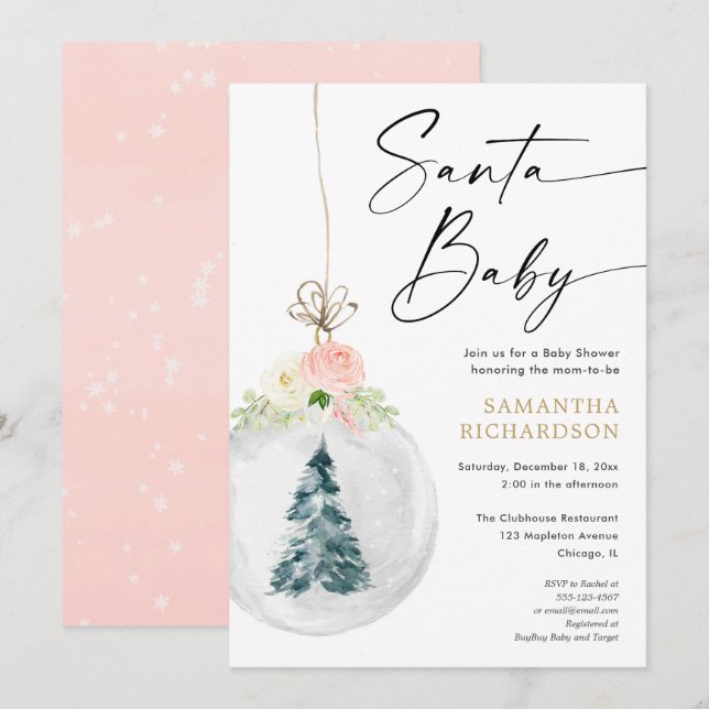 Santa Baby Pink gold Christmas tree baby shower Invitation (Front/Back)