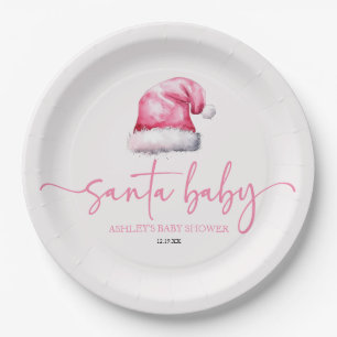 Santa Baby Pink Hat Christmas Holiday Baby Shower Paper Plate