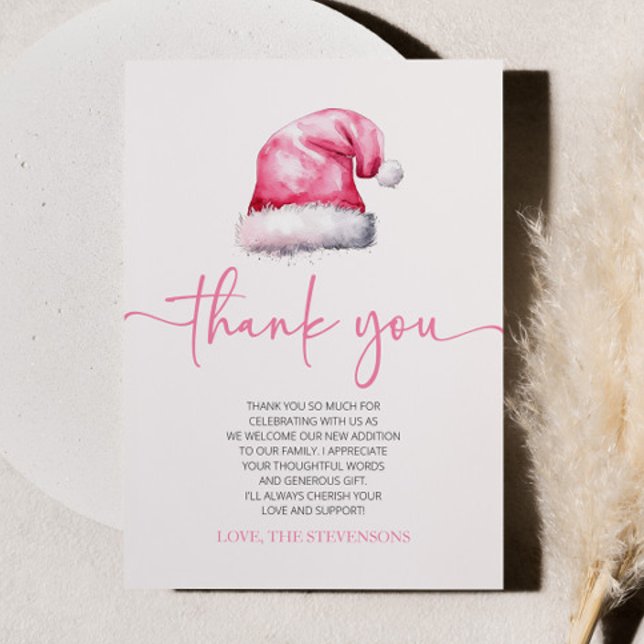 Santa Baby Pink Hat Christmas Holiday Baby Shower Thank You Card (Creator Uploaded)