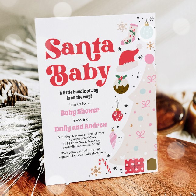 Santa Baby Red And Pink Christmas Baby Shower Invitation (Creator Uploaded)