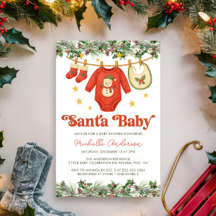 Santa Baby Red Christmas Clothesline Baby Shower Invitation