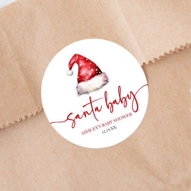 Santa Baby Red Hat Christmas Holiday Baby Shower Classic Round Sticker (Creator Uploaded)