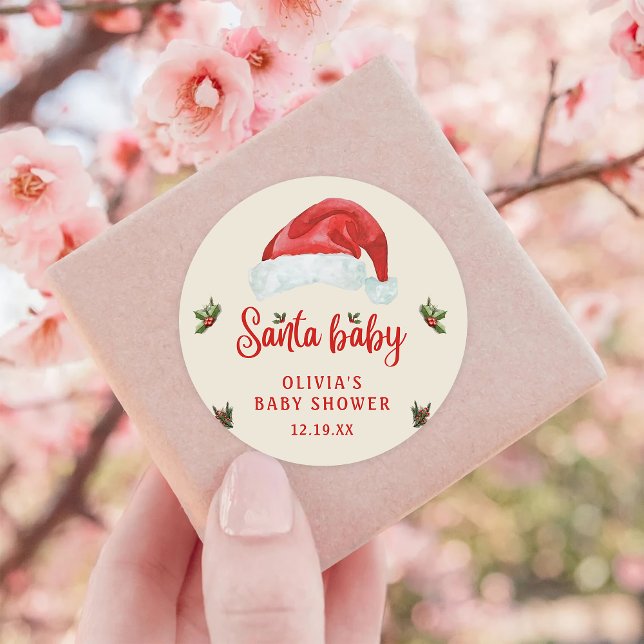 Santa Baby Red Hat Christmas Holiday Baby Shower Classic Round Sticker (Creator Uploaded)