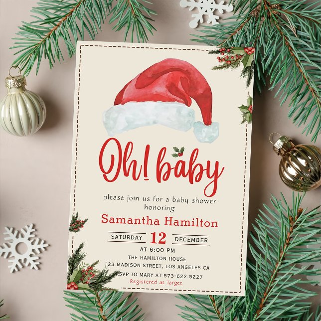 Santa Baby Red Hat Christmas Holiday Baby Shower Invitation (Creator Uploaded)