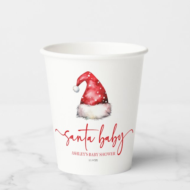 Santa Baby Red Hat Christmas Holiday Baby Shower Paper Cups (Front)
