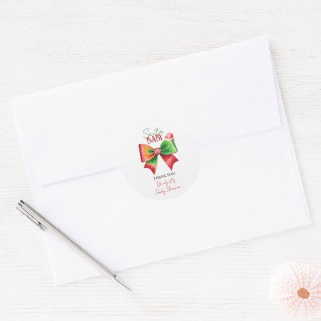 Santa Baby shower bow and Santa hat Christmas Classic Round Sticker (Envelope)