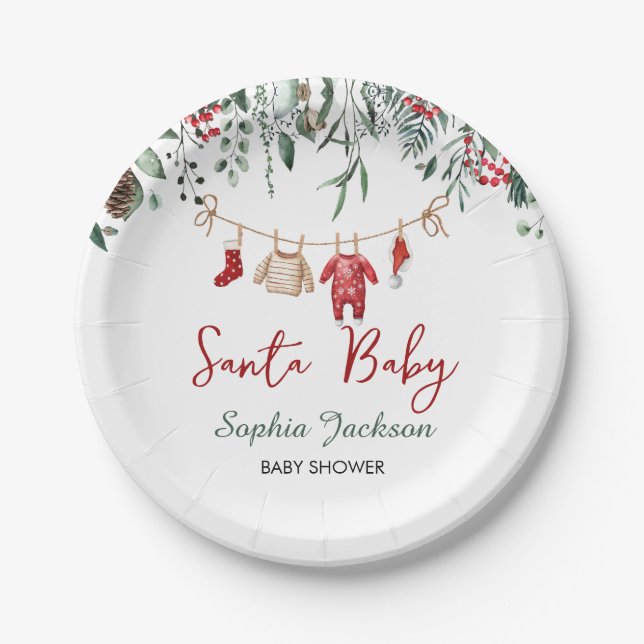 Santa Baby Shower Christmas Baby Clothes Winter Paper Plate (Front)