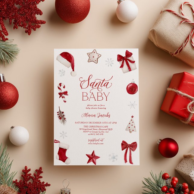 Santa Baby Shower Christmas Festive  Invitation (Santa Baby! Christmas themed Baby Shower in red and white)