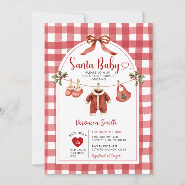 Santa Baby Shower Clothesline Ribbon Gingham Invitation (Front)