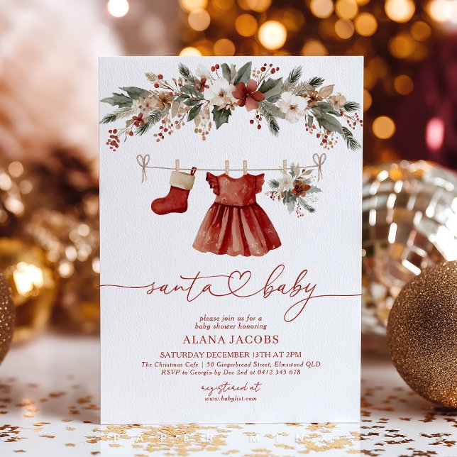 Santa Baby Shower Girl Christmas Red Dress Invitation (Santa Baby! Cute red and white Christmas Baby Shower Invitation for baby girl. )