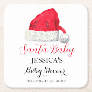 Santa Baby Shower Red Cute simple Thank you Square Paper Coaster
