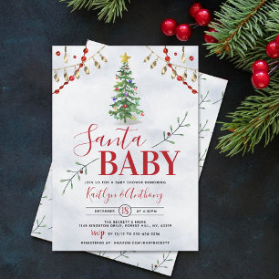 "Santa Baby" Watercolor Christmas Tree Baby Shower Invitation