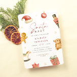 Santa Baby Winter Christmas Baby Shower Invitation<br><div class="desc">Celebrate the upcoming arrival of your bundle of joy with this fun and festive Santa Baby invitation. This baby shower invitation features a delicate frame of hand-painted watercolor holiday elements, including a Santa hat, a vintage nutcracker soldier, a gingerbread man, a rocking horse, a teddy bear, a gift wrapped with...</div>