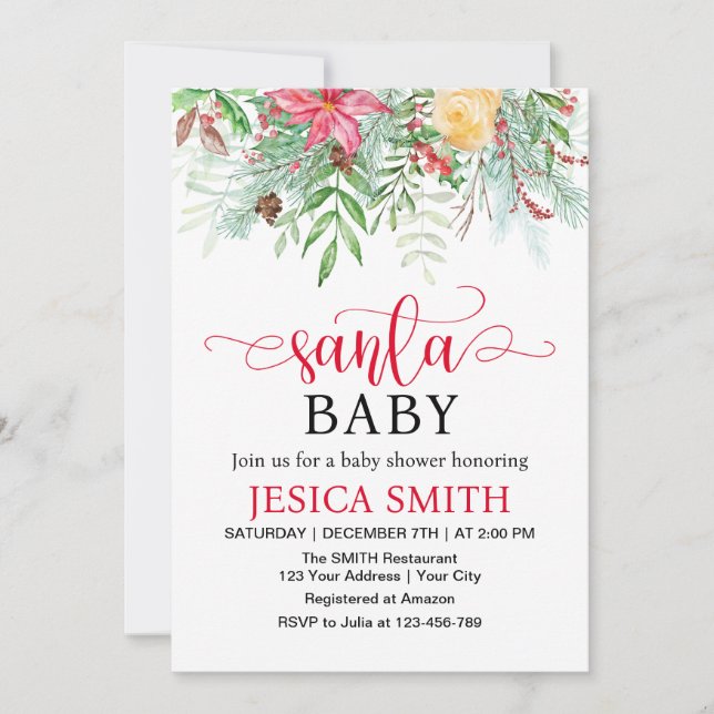 Santa Baby Winter Greenery Baby Shower Invitation (Front)