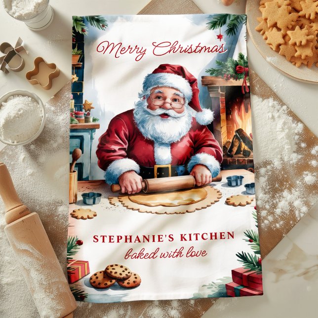 Santa Baking Cookies Personalised Merry Christmas Tea Towel (Creator Uploaded)
