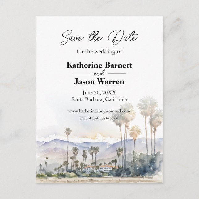 Santa Barbara Beach Watercolor Save the Date Postcard (Front)