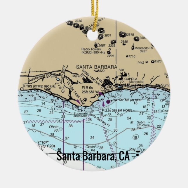 Santa Barbara CA Nautical Chart Ceramic Tree Decoration (Front)