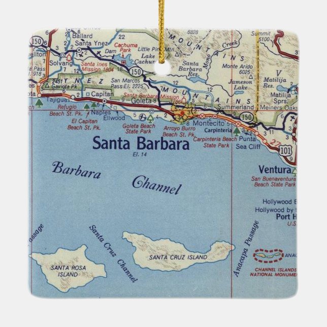 Santa Barbara CA Vintage Map Ceramic Ornament (Back)