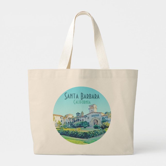 Santa Barbara California Courthouse Watercolor Large Tote Bag (Back)