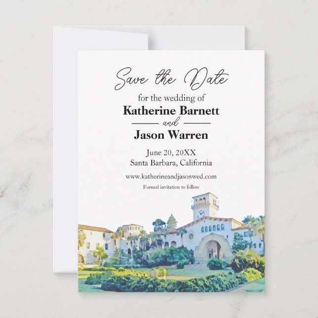Santa Barbara Courthouse Watercolor Save the Date Invitation (Front)