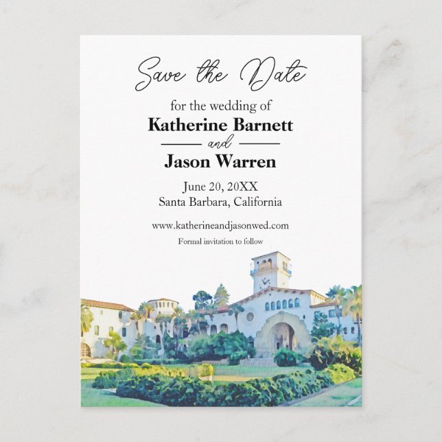 Santa Barbara Courthouse Watercolor Save the Date Postcard (Front)
