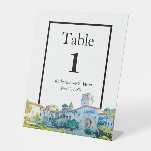 Santa Barbara Courthouse Watercolor Wedding Number Pedestal Sign (Front)