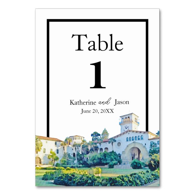Santa Barbara Courthouse Watercolor Wedding Table Number (Front)