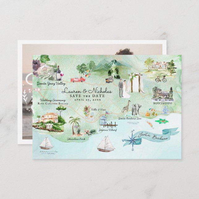Santa Barbara | Destination Wedding Itinerary Map Invitation (Front/Back)