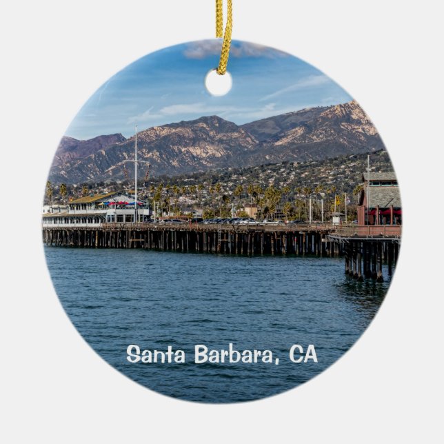 Santa Barbara, Stearns Wharf & Brown Pelican Ceramic Tree Decoration (Front)