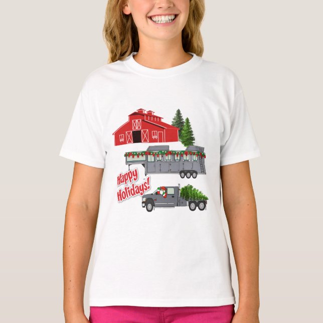 Santa Barn Truck Horse Trailer Christmas T-Shirt (Front)
