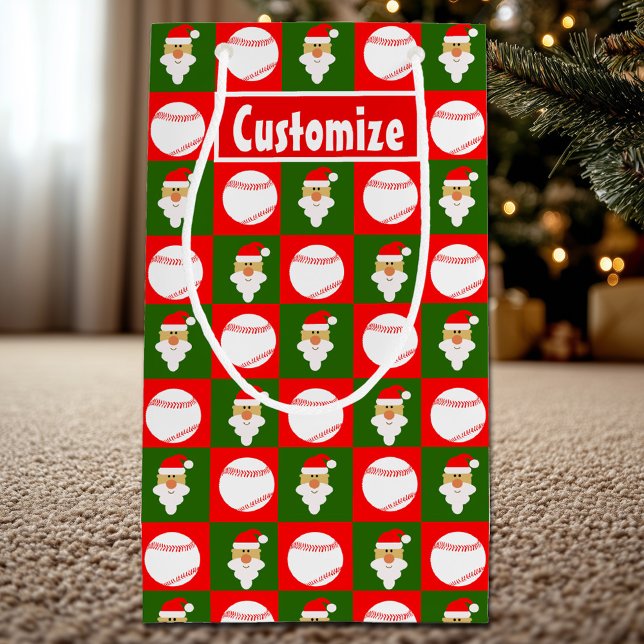 Santa Baseball Player Custom Name / Text Christmas Small Gift Bag (Custom Baseball Christmas gift bag with personalized baseball player name or text.)