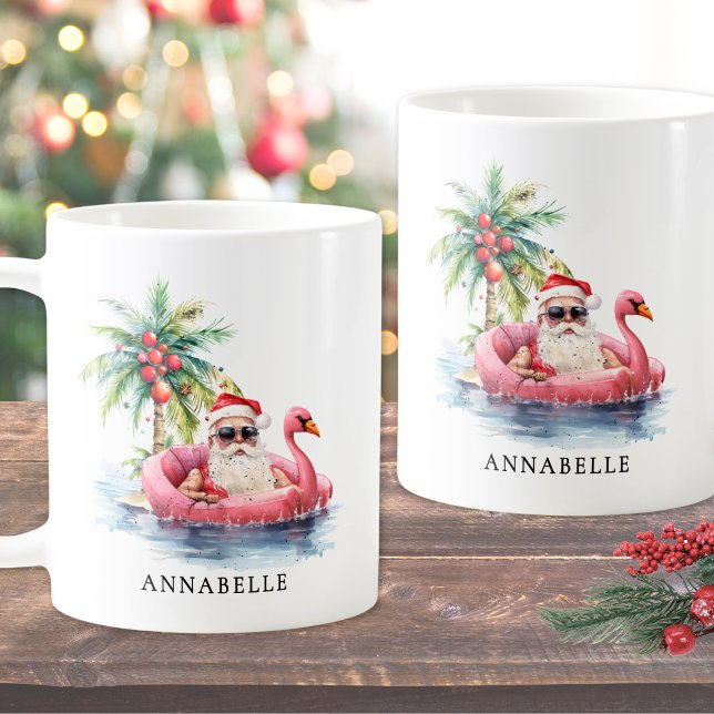 Santa Beach Christmas Coffee Mug (Funny Santa Flamingo Tropical Beach Christmas Coffee Mug)