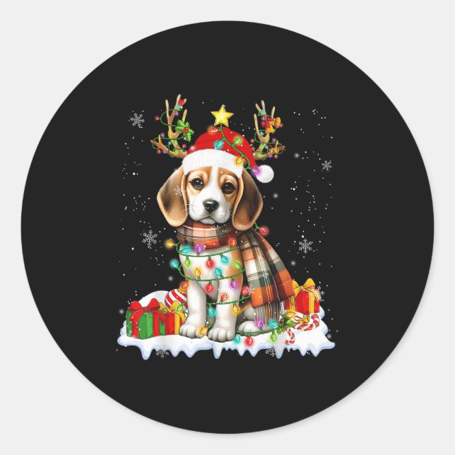 Santa Beagle Christmas Lights Funny Reindeer Dog X Classic Round Sticker (Front)