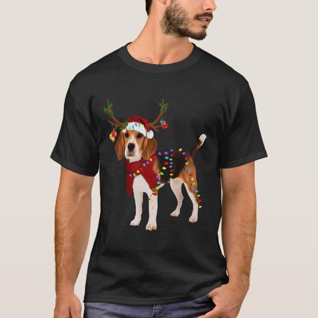 Santa Beagle Reindeer Light Christmas Gifts T-Shirt (Front)