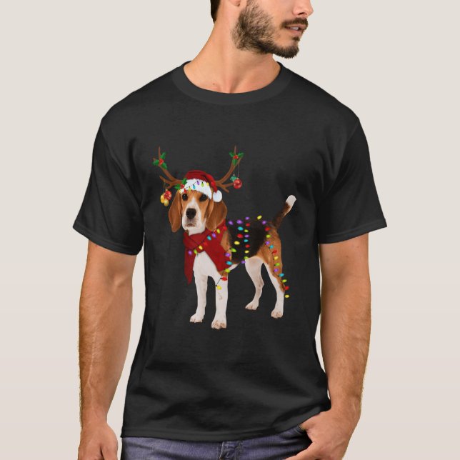 Santa Beagle Reindeer Light Christmas Gifts T-Shirt (Front)