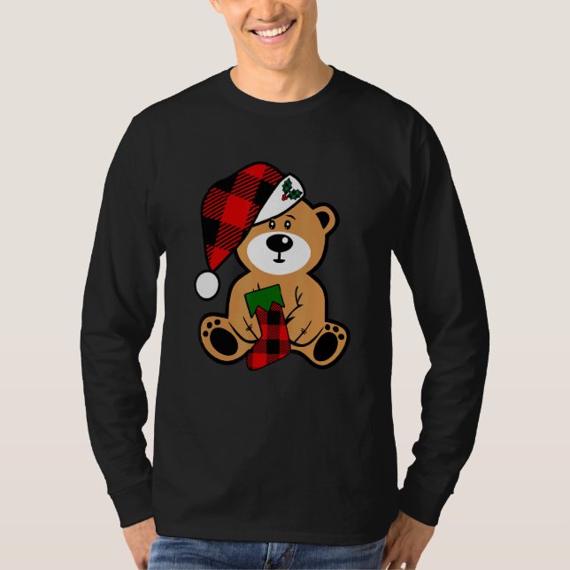 Santa Bear Buffalo Plaid Stocking And Hat Christma T-Shirt (Front)