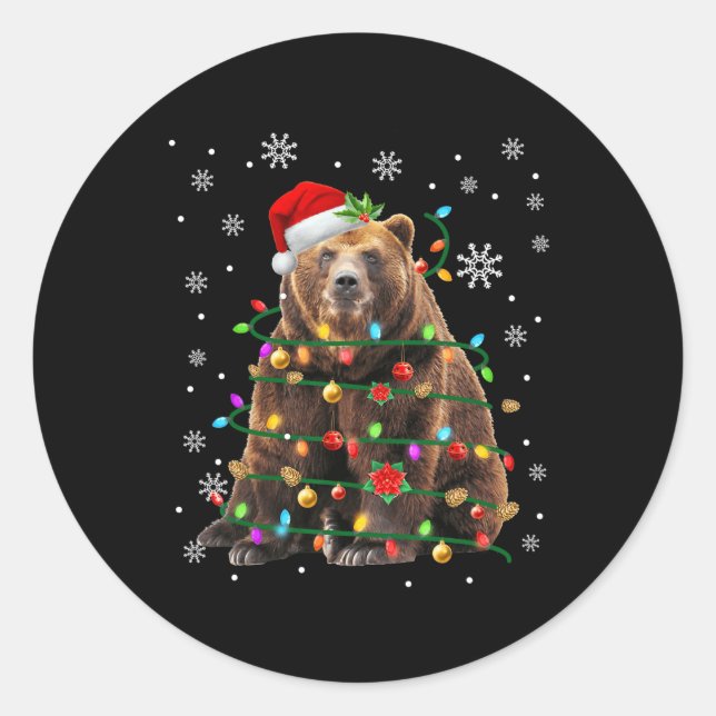 Santa Bear Christmas Lights Xmas Men Women Boy Gir Classic Round Sticker (Front)