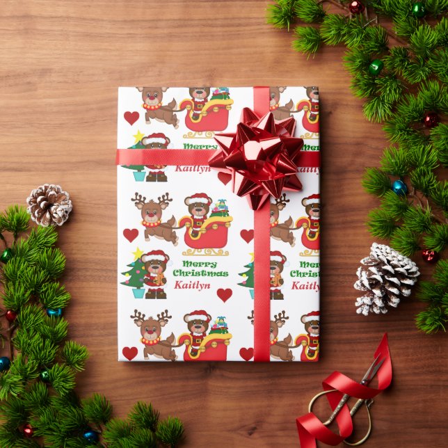 Santa Bear Sleigh Personalised Kids Wrapping Paper (Holiday Gift)