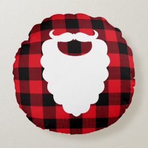 Santa Beard Red Plaid Holiday Round Cushion