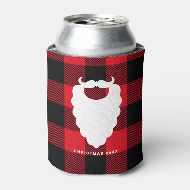 Santa Beard Red Plaid Personalised Holiday Can Cooler (Can Front)