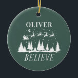 Santa believe Christmas traditional green Ceramic Tree Decoration<br><div class="desc">Santa believe Christmas traditional modern holiday green and white gift.</div>