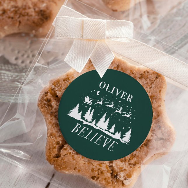 Santa believe Christmas traditional green photo Classic Round Sticker (Creator Uploaded)