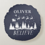 Santa believe Christmas traditional navy photo Round Cushion<br><div class="desc">Santa believe Christmas traditional modern holiday navy blue and white photo home decor pillow gift.</div>