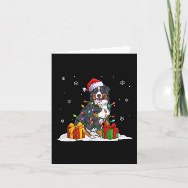 Santa bernese mountain christmas tree lights xmas  card (Front)