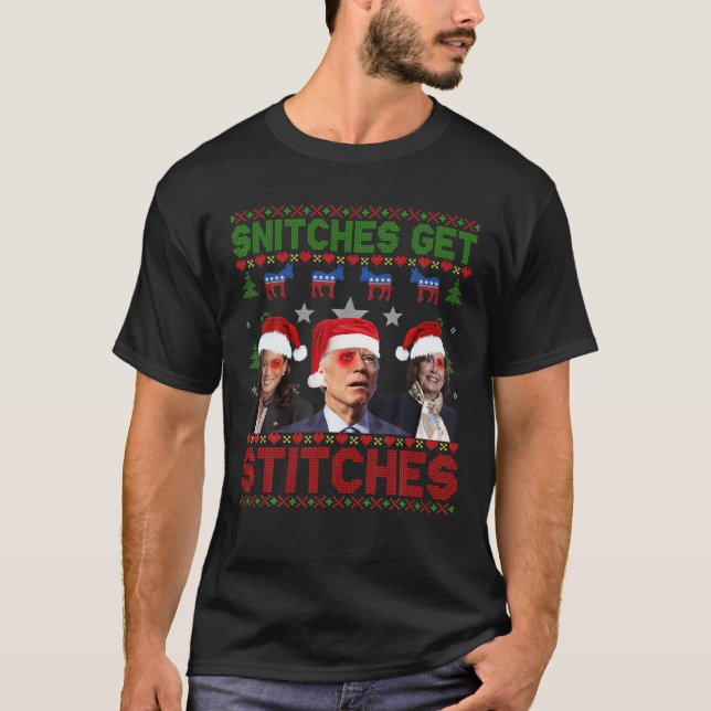 Santa Biden Funny Snitches Get Stitches Christmas T-Shirt (Front)